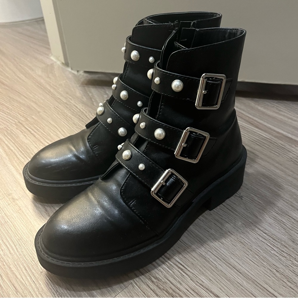 EUC Pearl Embellished Black Leather Combat Boots